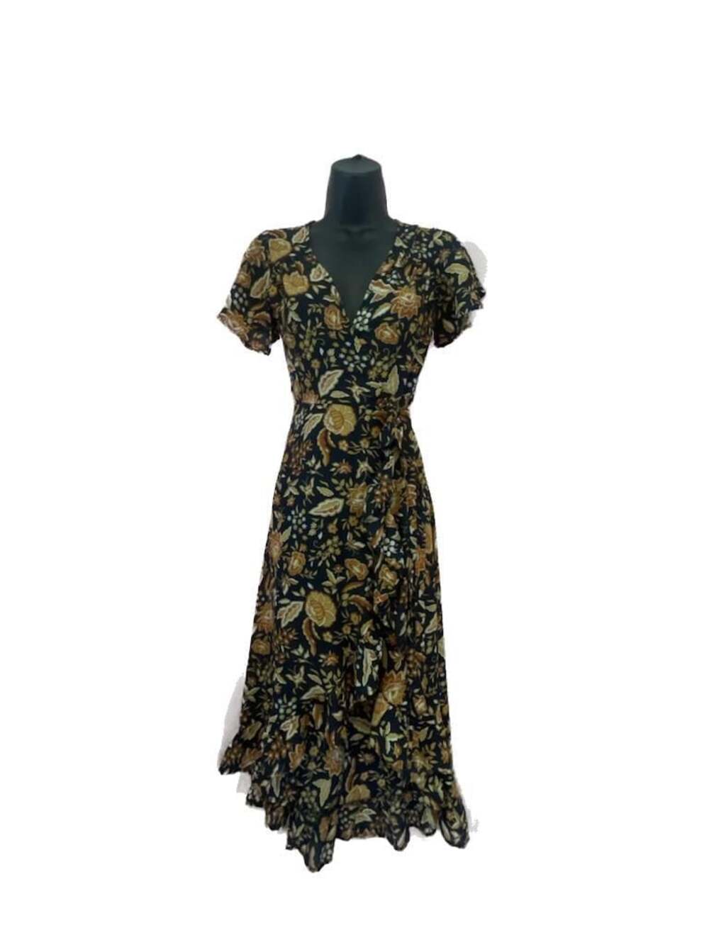 Navy Floral Ruffle trim with Flutter Sleeves Boho Chic Fairycore High Low Wrap D